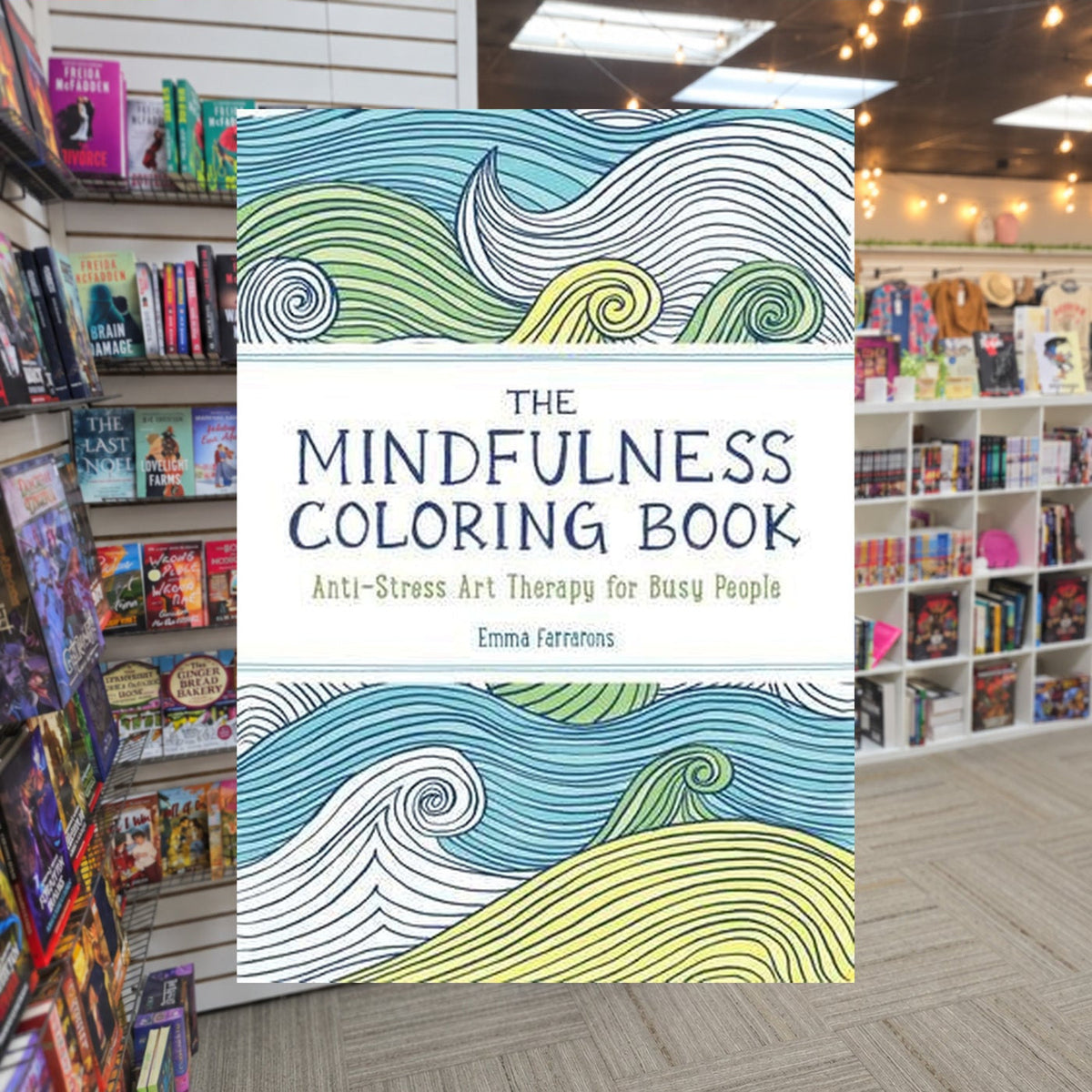 The Mindfulness Coloring Book by Emma Farrarons — actual cover on The Perk bookstore background