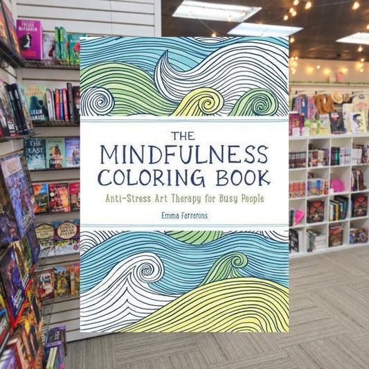 The Mindfulness Coloring Book by Emma Farrarons — actual cover on The Perk bookstore background