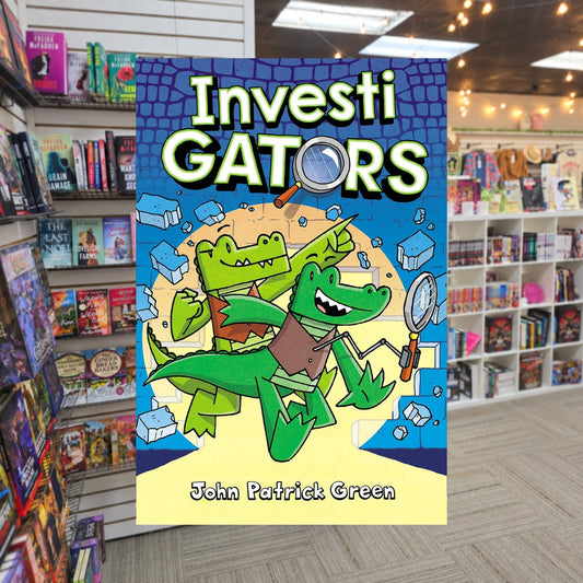 InvestiGators by John Patrick Green — actual cover on The Perk bookstore background