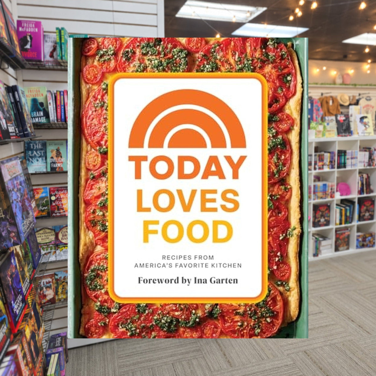 Today Loves Food by Ina Garten — actual cover on The Perk bookstore background