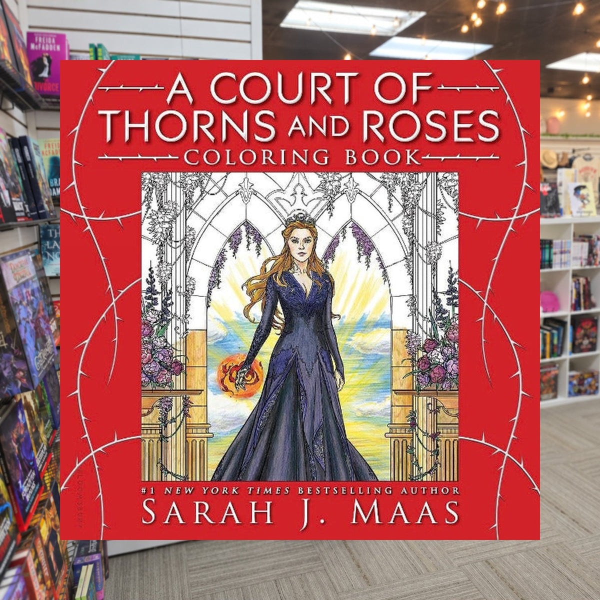 A Court of Thorns and Roses Coloring Book by Sarah J. Maas — actual cover on The Perk bookstore background