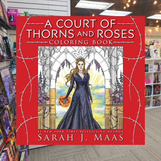 A Court of Thorns and Roses Coloring Book by Sarah J. Maas — actual cover on The Perk bookstore background