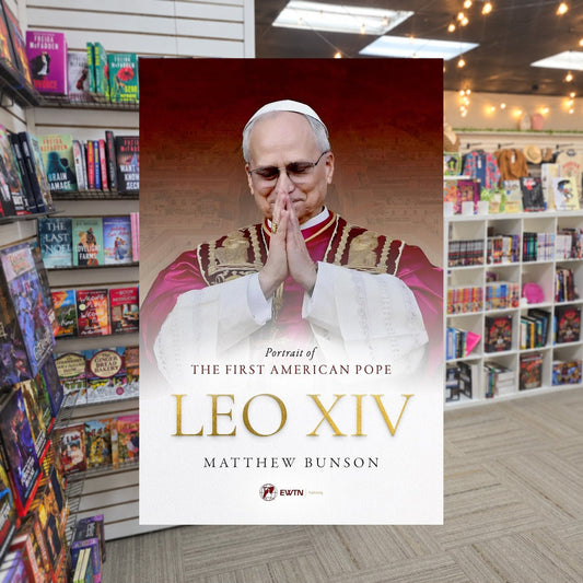 Leo XIV: Portrait of the First American Pope by Matthew Bunson — actual cover on The Perk bookstore background