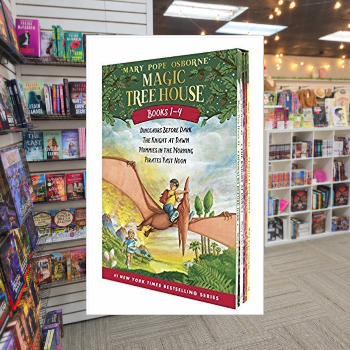 Magic Tree House Boxed Set: #1-4 by Mary Pope Osborne — actual cover on The Perk bookstore background