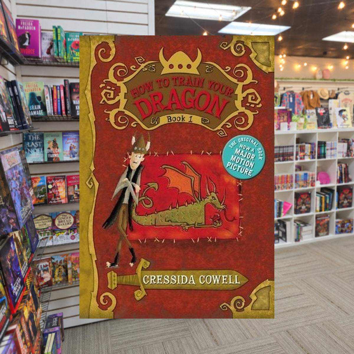 How to Train Your Dragon by Cressida Cowell — actual cover on The Perk bookstore background