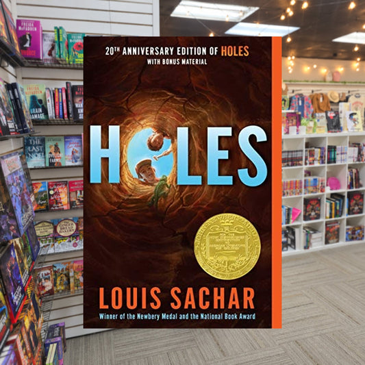 Holes by Louis Sachar — actual cover on The Perk bookstore background
