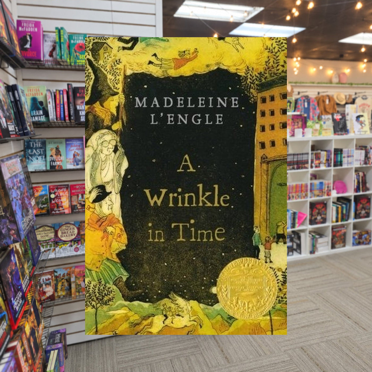 A Wrinkle in Time by Madeleine L'Engle — actual cover on The Perk bookstore background