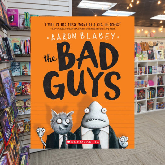 The Bad Guys by Aaron Blabey — actual cover on The Perk bookstore background