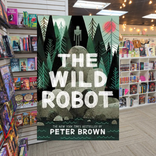 The Wild Robot by Peter Brown — actual cover on The Perk bookstore background