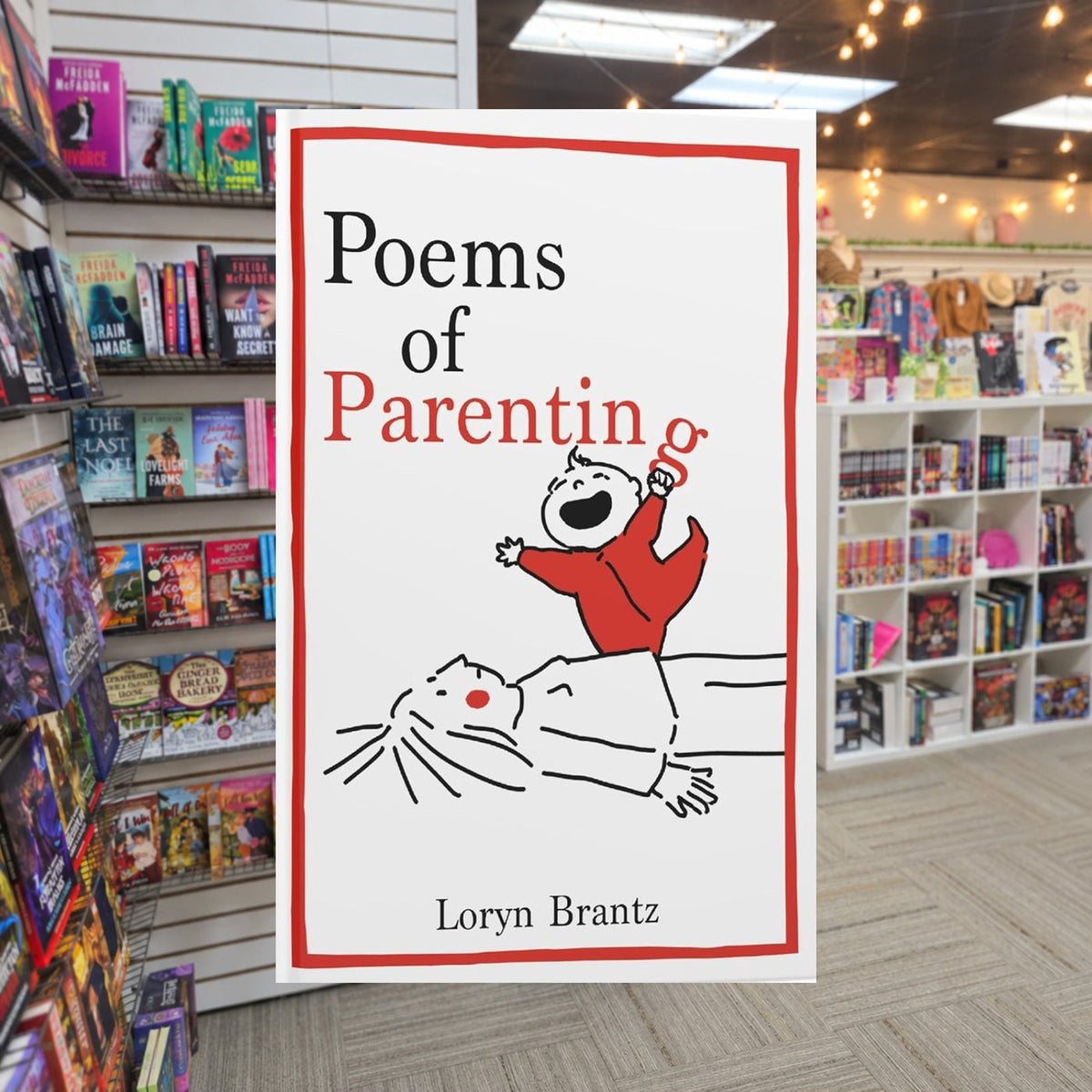 Poems of Parenting by Loryn Brantz — actual cover on The Perk bookstore background