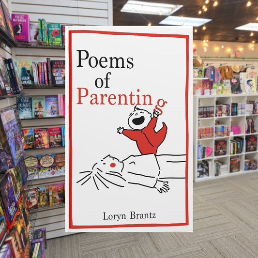 Poems of Parenting by Loryn Brantz — actual cover on The Perk bookstore background