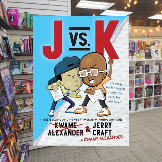J vs. K by Kwame Alexander — actual cover on The Perk bookstore background