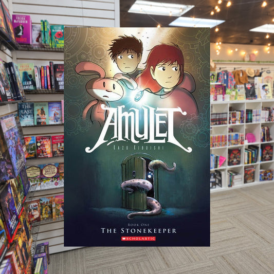 The Stonekeeper by Kazu Kibuishi — actual cover on The Perk bookstore background