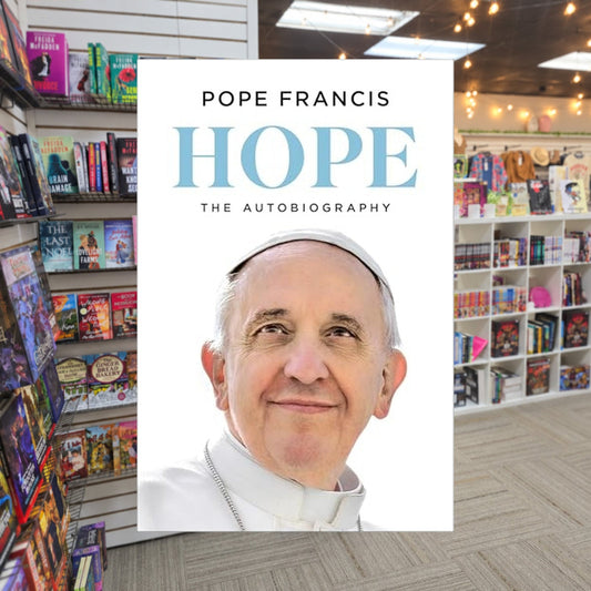 Hope: The Autobiography by Pope Francis — actual cover on The Perk bookstore background