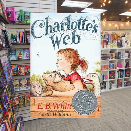 Charlotte's Web by E.B. White — actual cover on The Perk bookstore background