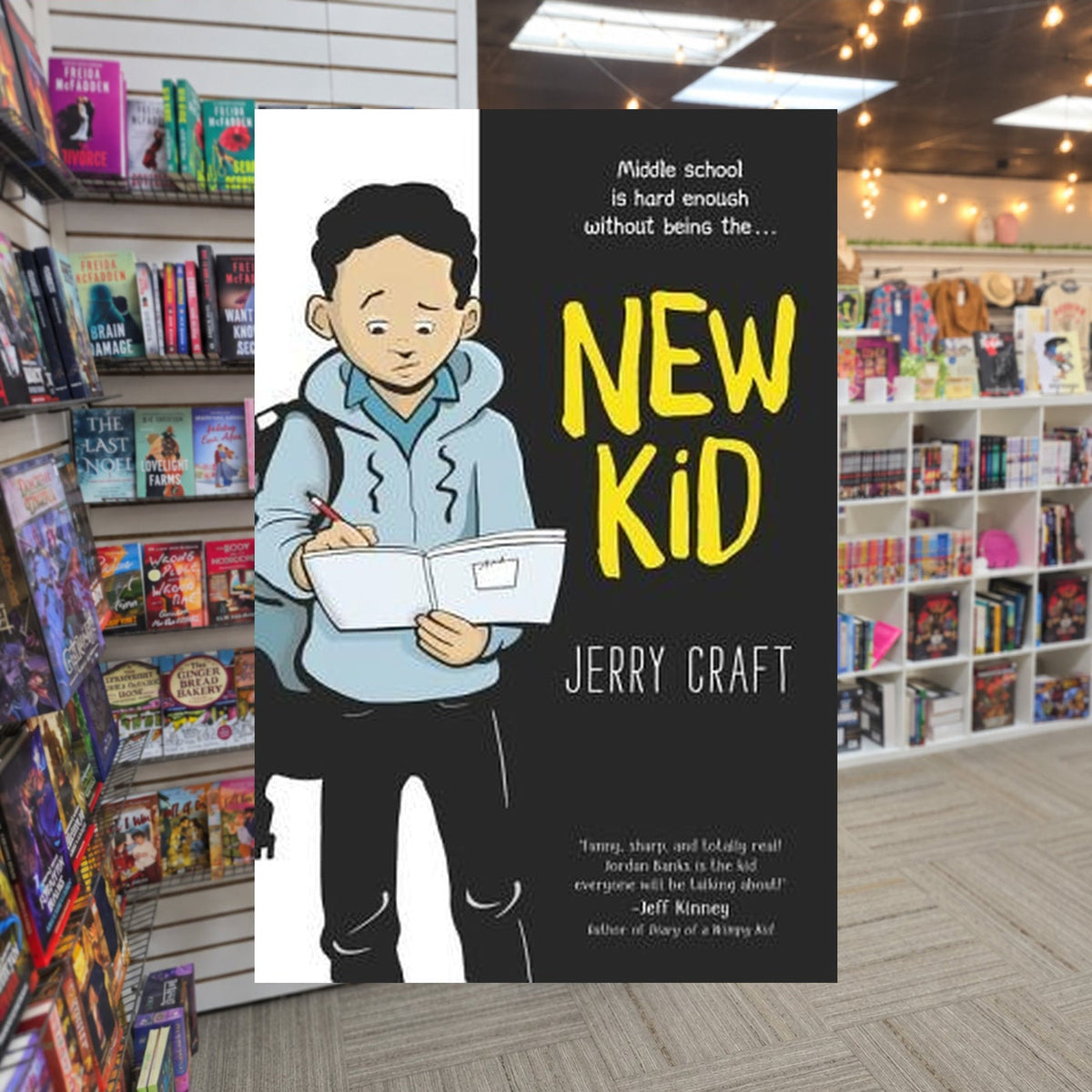 New Kid by Jerry Craft — actual cover on The Perk bookstore background