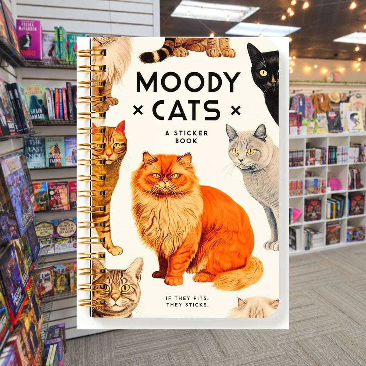 Moody Cats: A Sticker Book by Brass Monkey — actual cover on The Perk bookstore background