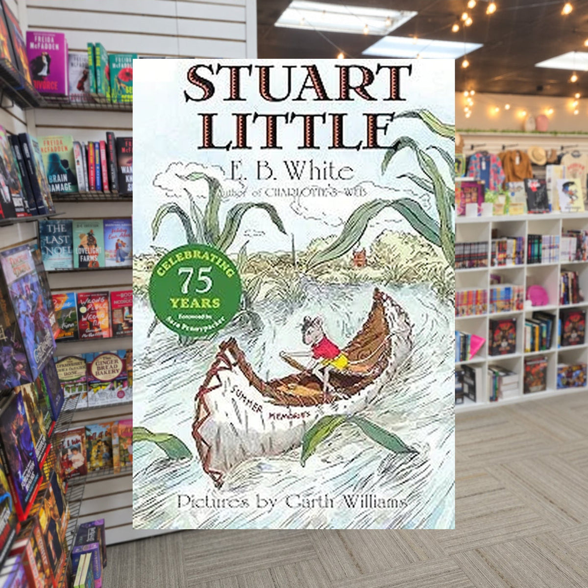 Stuart Little by E.B. White — actual cover on The Perk bookstore background