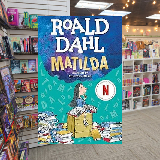 Matilda by Roald Dahl — actual cover on The Perk bookstore background