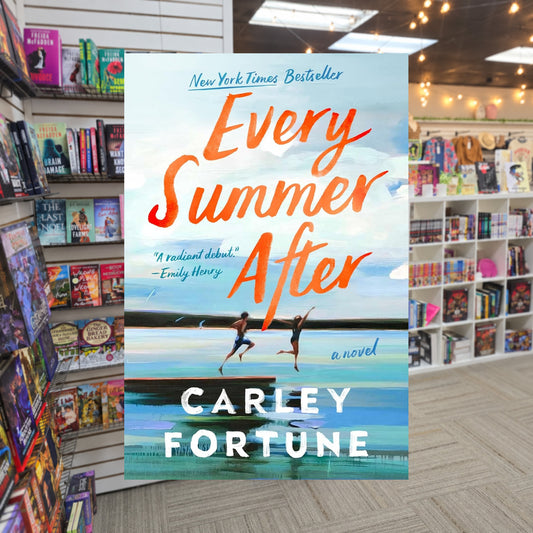 Every Summer After by Carley Fortune — actual cover on The Perk bookstore background
