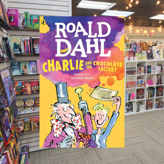 Charlie and the Chocolate Factory by Roald Dahl — actual cover on The Perk bookstore background