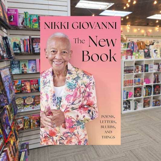 The New Book: Poems, Letters, Blurbs, and Things by Nikki Giovanni — actual cover on The Perk bookstore background