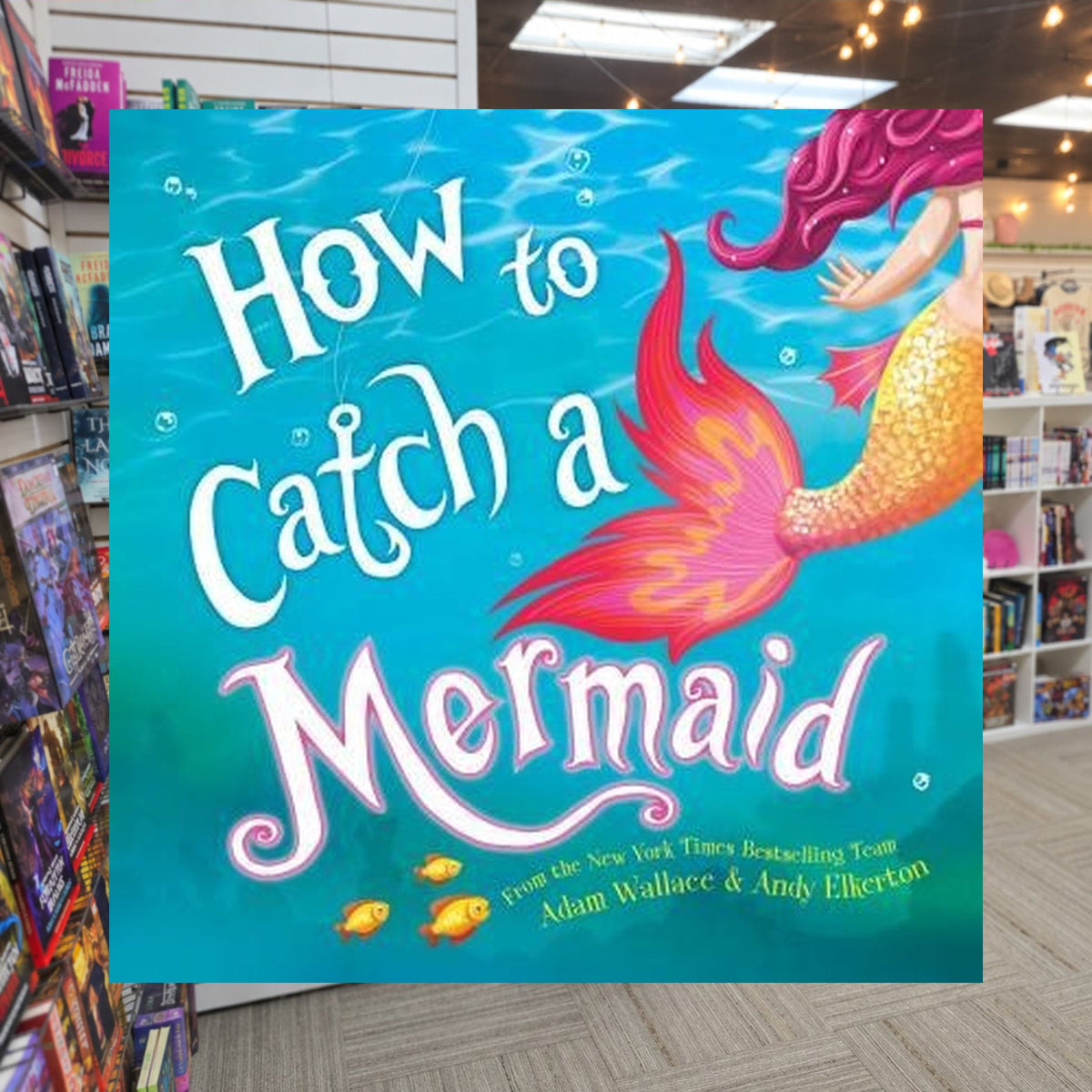 How to Catch a Mermaid by Adam Wallace — actual cover on The Perk bookstore background