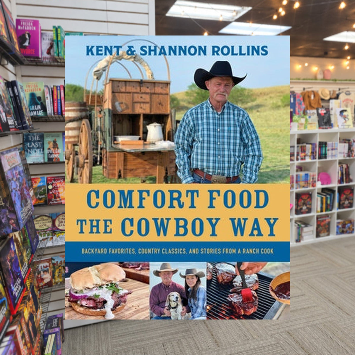 Comfort Food the Cowboy Way by Kent Rollins and Shannon Rollins — actual cover on The Perk bookstore background