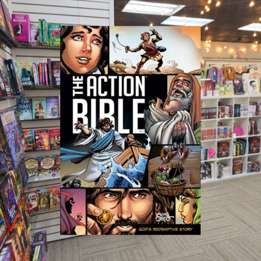 The Action Bible: God's Redemptive Story by Sergio Cariello — actual cover on The Perk bookstore background