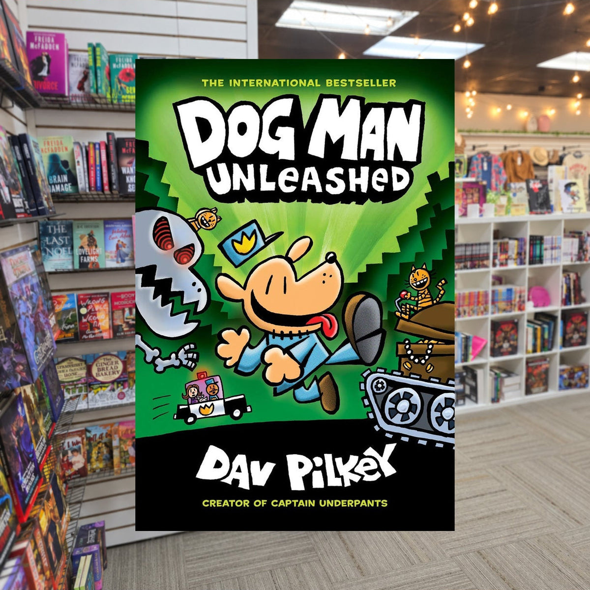 Dog Man Unleashed by Dav Pilkey — actual cover on The Perk bookstore background