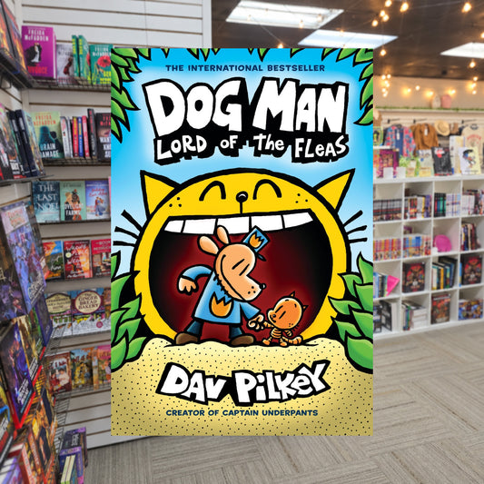 Dog Man: Lord of the Fleas by Dav Pilkey — actual cover on The Perk bookstore background