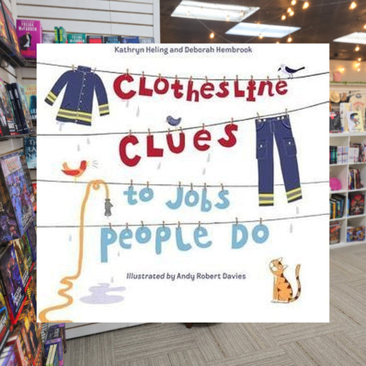 Clothesline Clues to Jobs People Do by Kathryn Heling, Deborah Hembrook — actual cover on The Perk bookstore background