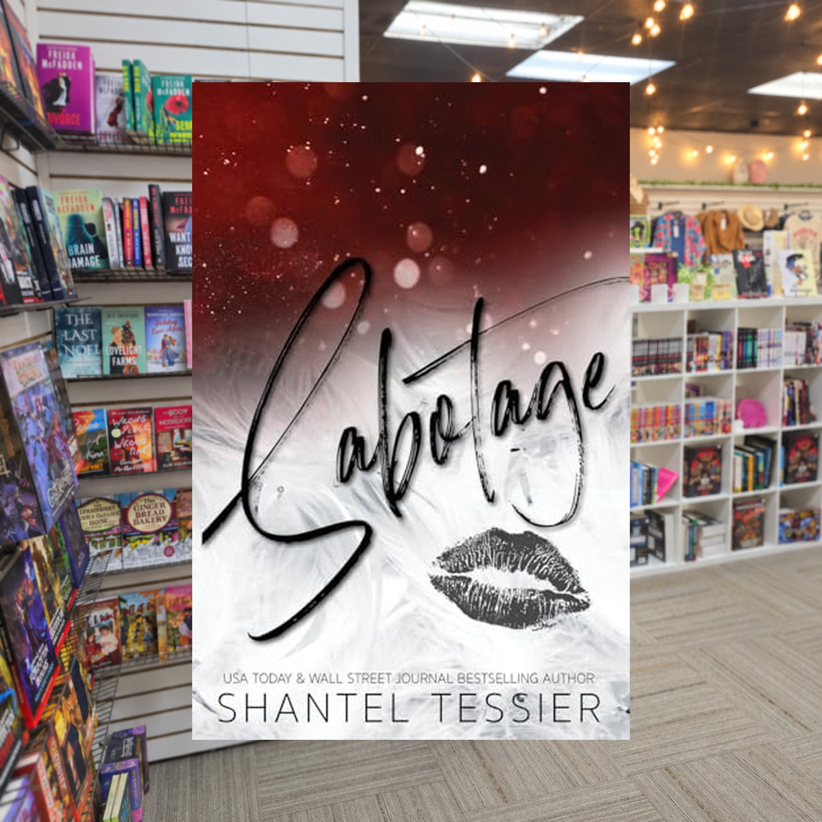 Sabotage by Shantel Tessier — actual cover on The Perk bookstore background