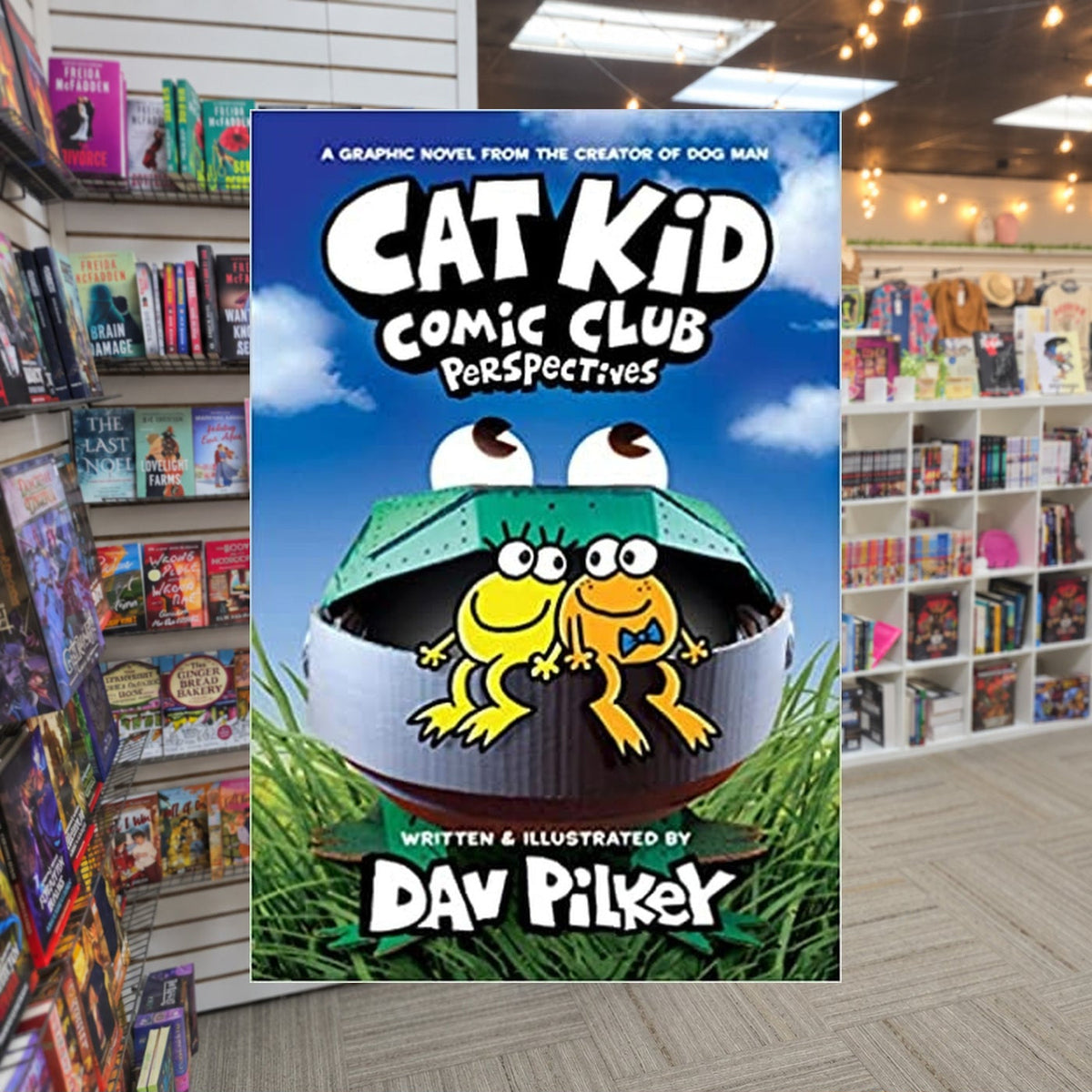 Perspectives Dav Pilkey — actual cover on The Perk bookstore background