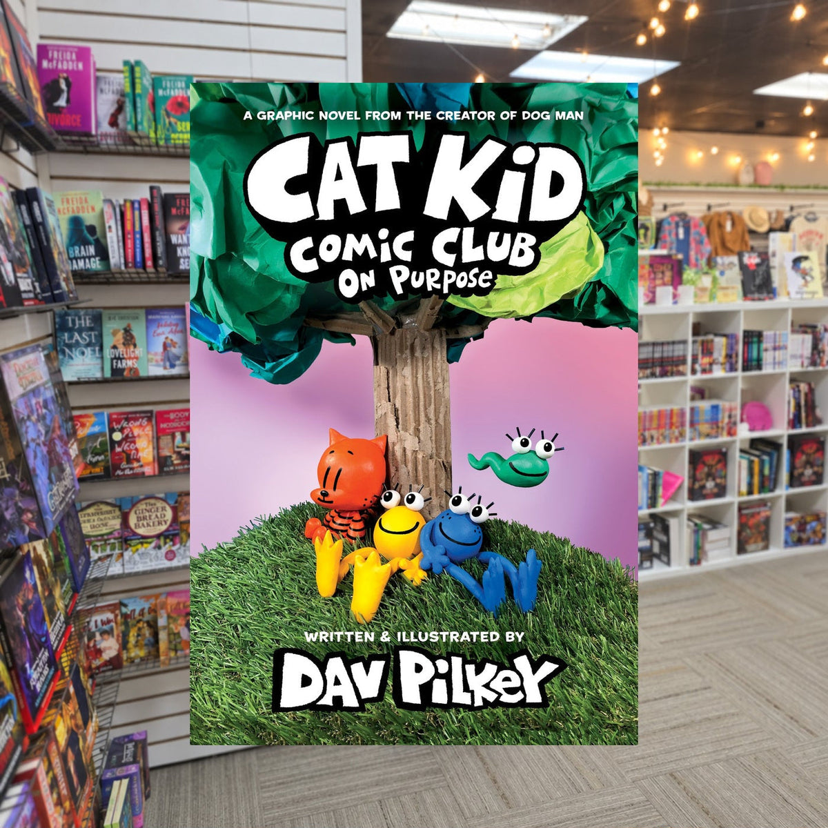 On Purpose by Dav Pilkey — actual cover on The Perk bookstore background