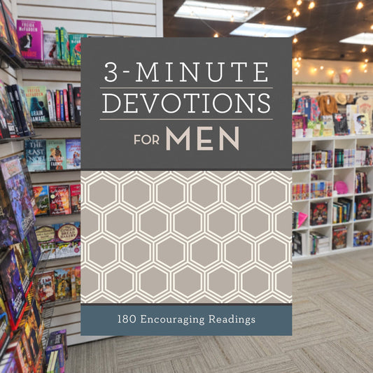 3-Minute Devotions for Men: 180 Encouraging Readings by Barbour Staff — actual cover on The Perk bookstore background