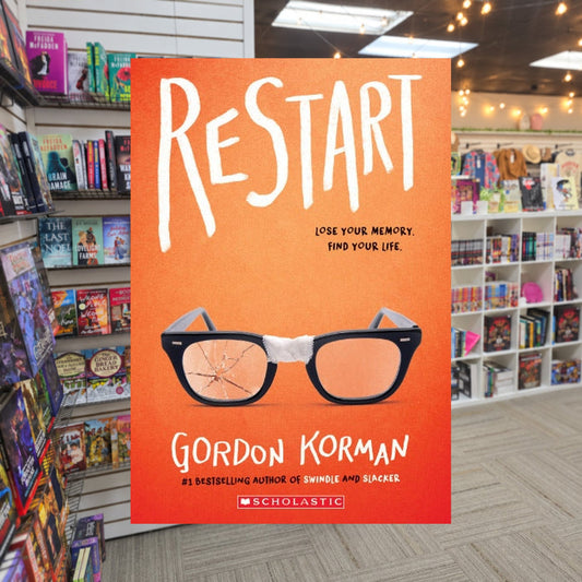 Restart by Gordon Korman — actual cover on The Perk bookstore background