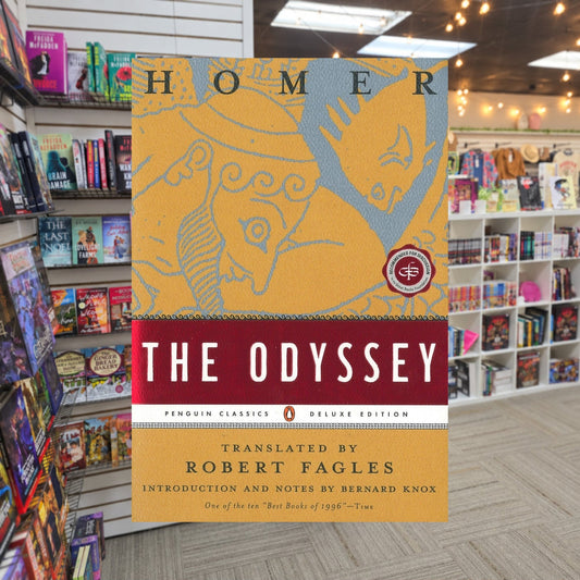 The Odyssey by Homer and Robert Fagles — actual cover on The Perk bookstore background