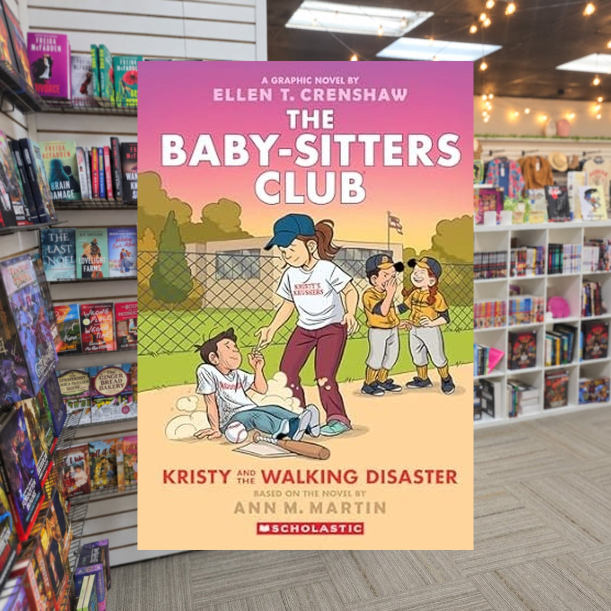 Kristy and the Walking Disaster: A Graphic Novel by Ellen T. Crenshaw — actual cover on The Perk bookstore background