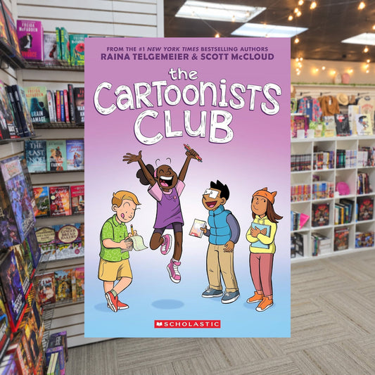 The Cartoonists Club by Raina Telgemeier — actual cover on The Perk bookstore background
