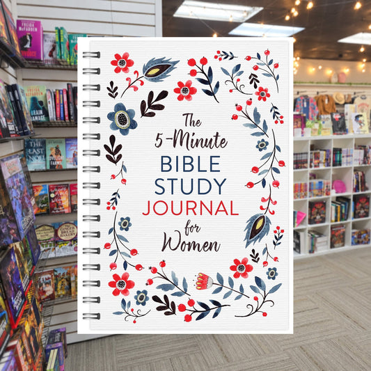 The 5-Minute Bible Study Journal for Women by Barbour Staff — actual cover on The Perk bookstore background