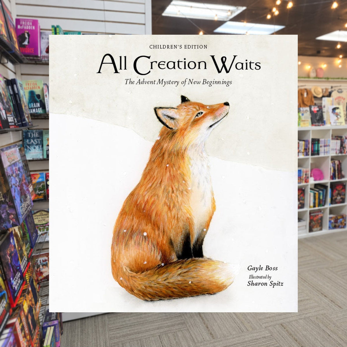 All Creation Waits ― Children's Edition: The Advent Mystery of New Beginnings for Children by Gayle Boss — actual cover on The Perk bookstore background