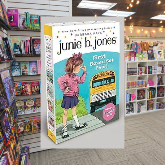 Junie B. Jones's First Boxed Set Ever! by Barbara Park — actual cover on The Perk bookstore background