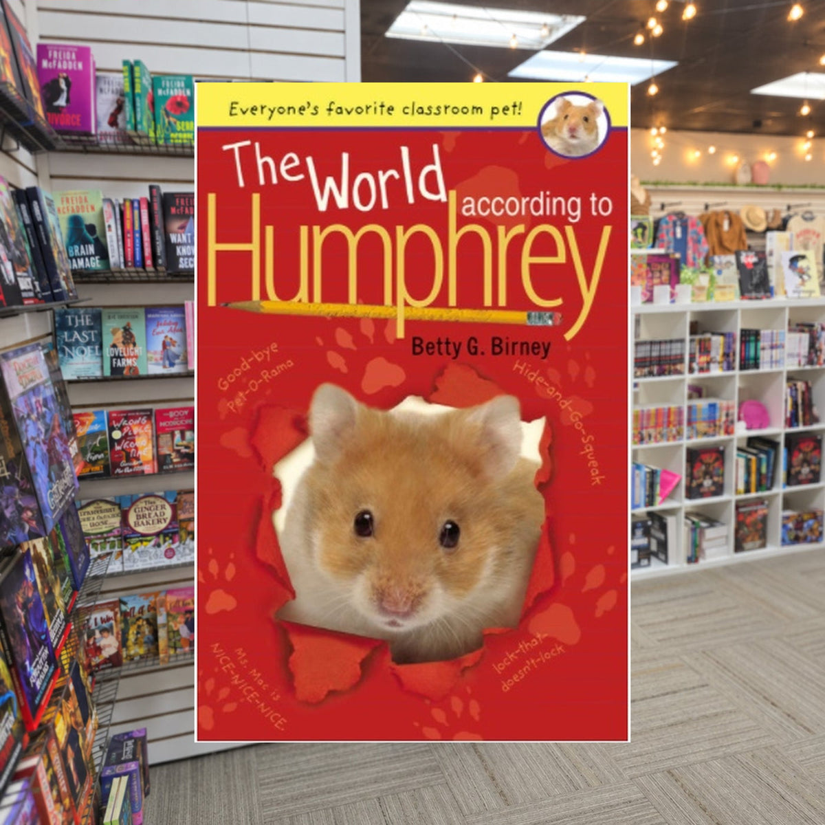 The World According to Humphrey by Betty G. Birney — actual cover on The Perk bookstore background