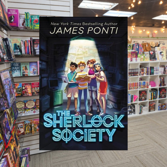 The Sherlock Society by James Ponti — actual cover on The Perk bookstore background