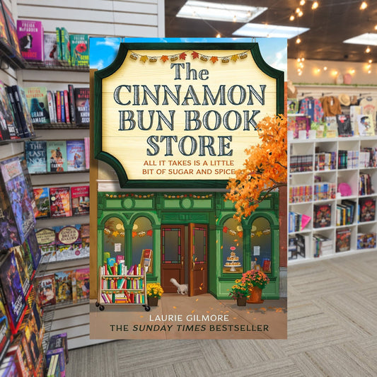 Dream Harbor #2: The Cinnamon Bun Book Store by Laurie Gilmore — actual cover on The Perk bookstore background