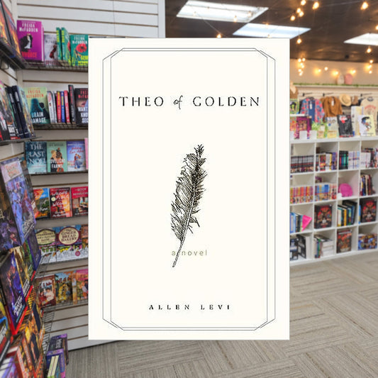 Theo of Golden by Allen Levi — actual cover on The Perk bookstore background