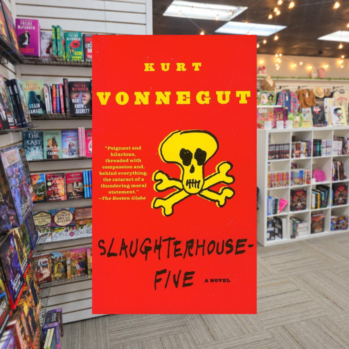 Slaughterhouse-Five by Kurt Vonnegut Jr. — actual cover on The Perk bookstore background
