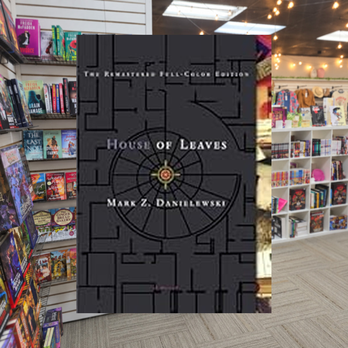 House of Leaves by Mark Z. Danielewski — actual cover on The Perk bookstore background