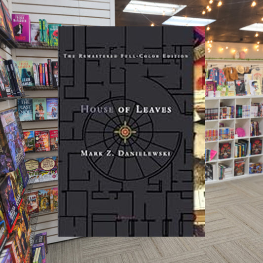House of Leaves by Mark Z. Danielewski — actual cover on The Perk bookstore background